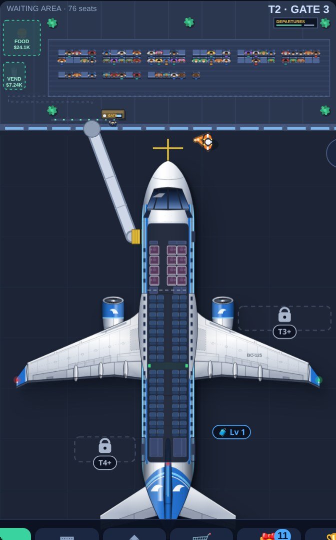 Idle Airport: an E190-style jet boarding at a gate