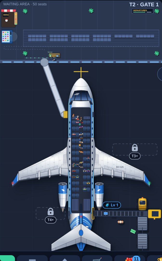 Idle Airport gameplay: passengers boarding a jet at a gate